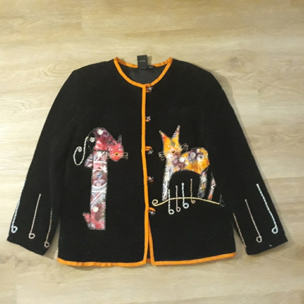 Vintage DK Daniel K Black + Orange Cat Creations Black Embellished Cardigan - Picture 14 of 14